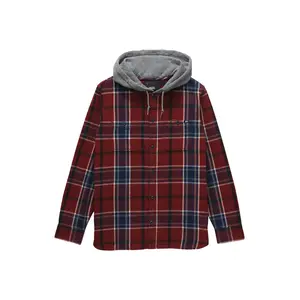 VANS Men's Classic Plaid Hooded Button-Down Flannel Shirt - Syrah/Dress Blue, Yarn Fabric, Long Sleeve Cotton Fleece Sweatshirt Sleeves, Pockets, Menswear Tops Clothes