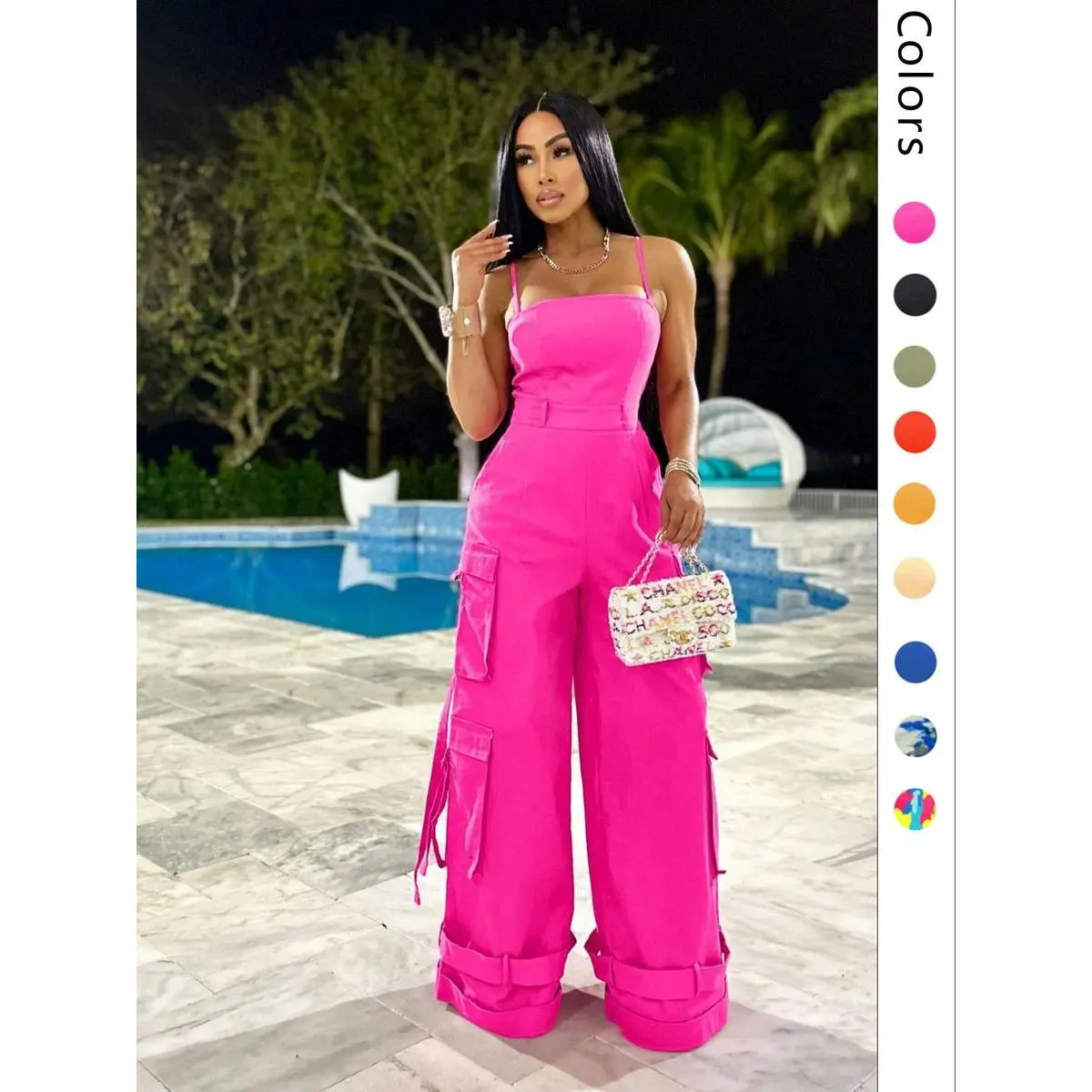 Women's Plain / All Over Print Multi-Pocket Wide Leg Cargo Jumpsuit, Casual Tape Decor Backless Sleeveless Cami Jumpsuit, Ladies Clothes For Streetwear