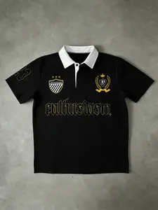 Gothic Graphic Badge Fashion Polo Shirt, Short - Contrast Collar Design With Dual Emblem Prints, Oversized Fit Ideal For Daily Casual Wear, Street Style Outings - Unisex Preppy Polo Featuring Bold Gothic Lettering And Athl