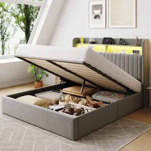 Grey Velvet Upholstered Platform Lift Up Storage Bed Frame, Full Queen Or King Size, 2-Tier Storage Headboard With Charging Station, USB And Type-C Ports, Smart LED Lights, Hydraulic Support System, Noise Free, No Box Spring Needed