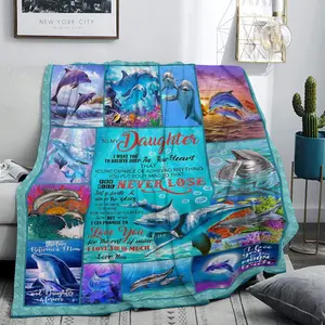 Luxury Flannel Dolphin Letter Printed Blanket, Soft Polyester Fiber Throw for Bed Sofa Outdoor Travel Gift, Modern Style Home Decor