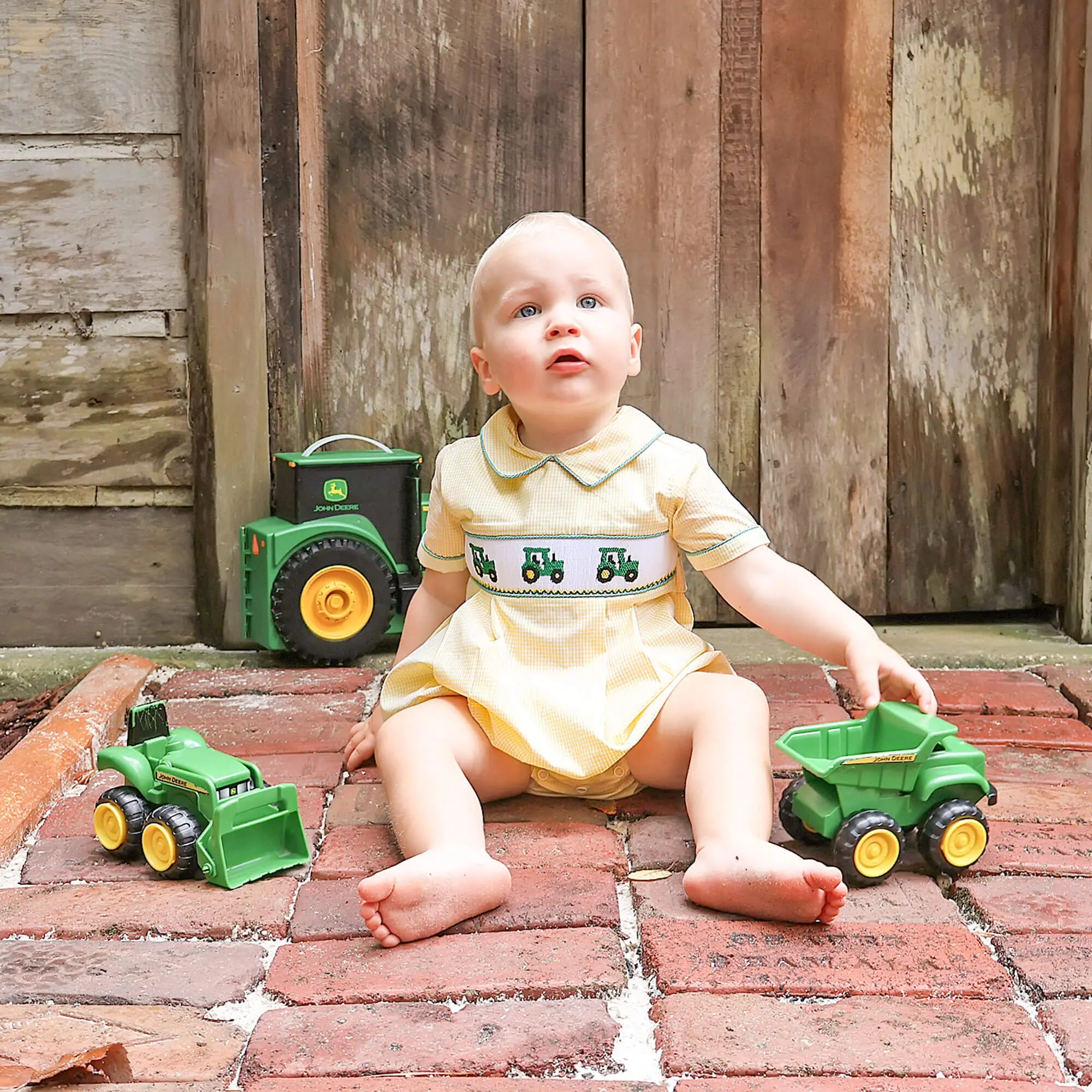 Tractor Smocked Yellow Gingham Collared Bubble - Fall Romper for Baby & Toddler Boys