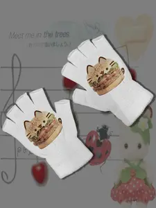 Cute Cartoon Cat Print Half Finger Touch Screen Gloves, Autumn Winter Warm Student Soft Girl Essential, Casual Slim-Fitting Holiday Accessories