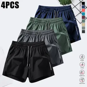 Set of 4 men’s summer sports casual shorts made from cool polyester fiber; quick-drying, breathable shorts suitable for camping, hiking, cycling, running, and fitness; zippered pocket design—practical yet stylish; drawstring elastic waistband for a comfor