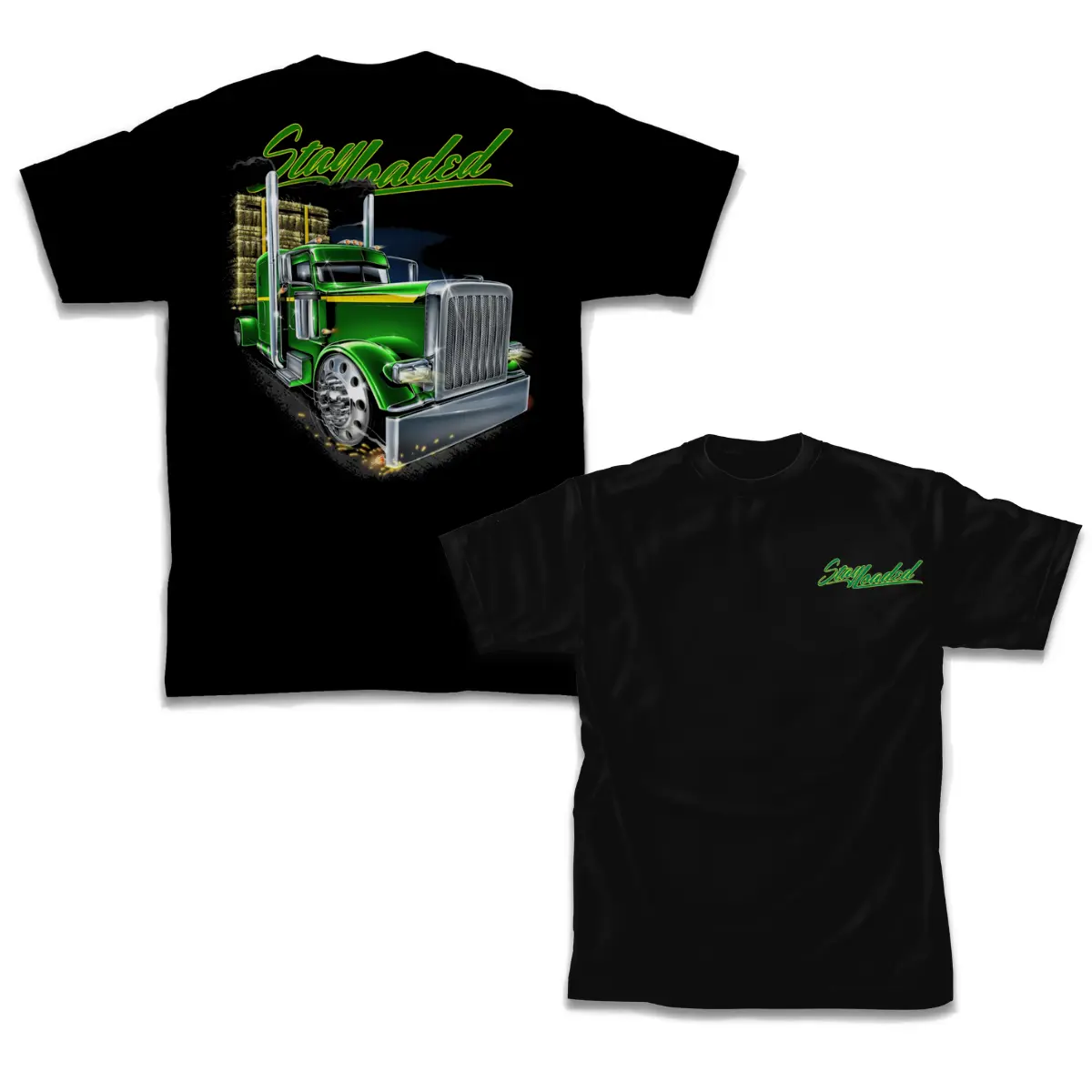 Men's Round Neck Graphic T-Shirt - Heavyweight Cotton Menswear Workwear Tee, Short Sleeve Top with Green Semi Truck Big Rig Back Print for Truckers, Shortsleeve, Tshirt, Stay Loaded Chest Logo, Aesthetic Graphic Tee, Art Graphic Tee