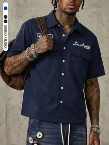 Men's Pocket Short Sleeve Casual Shirt, Letter Pattern, Loose Fit, All Seasons, Trendy Streetwear