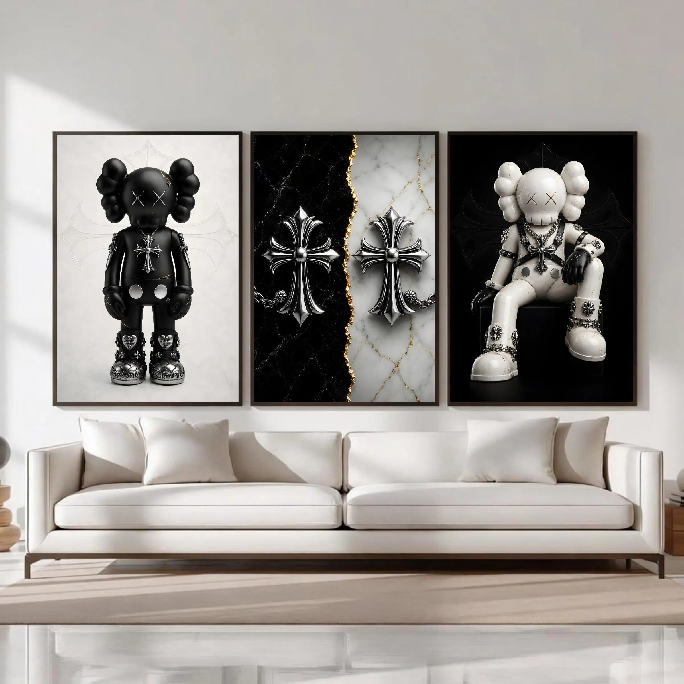 Chrome Hearts Kaws Poster Set of 3, Black White Hypebeast Decor Wall Art, Gothic Luxury Decor, Silver Cross Prints, Dark Fashion Room Decor