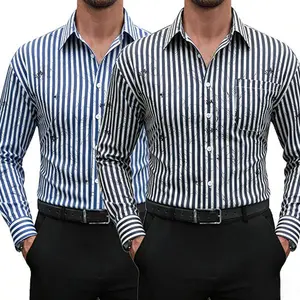 Men's casual striped woven long-sleeved button-down shirt, suitable for business, casual and travel occasions.