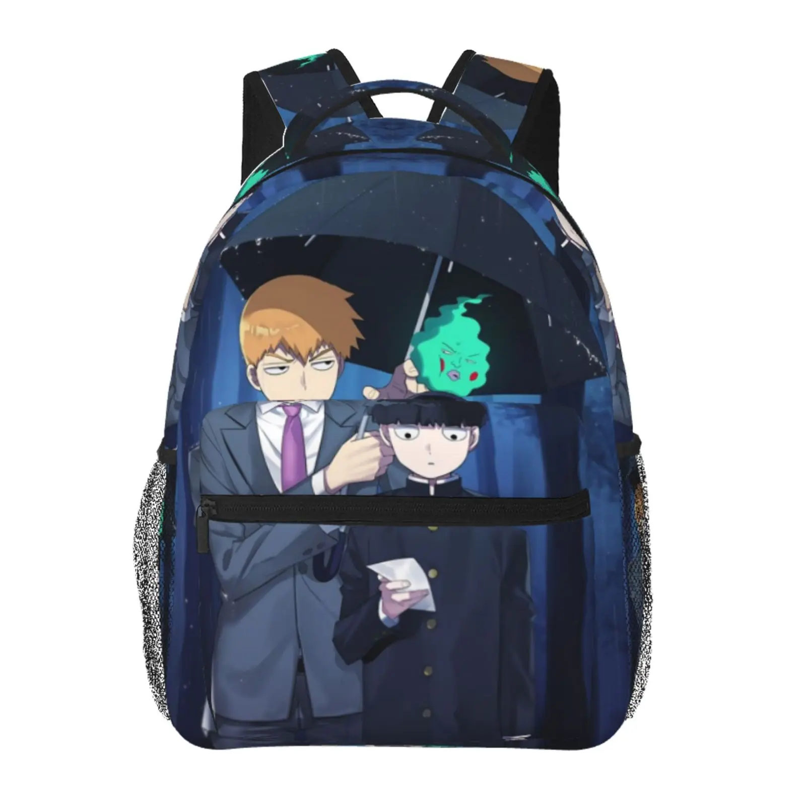 Mob Psycho 100 All-Over Print Backpack Large Capacity Mob Psycho 100 Everyday Carry Bag for Daily Errands Outdoor Activities Casual Workdays, Cartoon Goth Mob Psycho 100 Merch Laptop Daypack School Bag for Men Women Students & Gift Giving