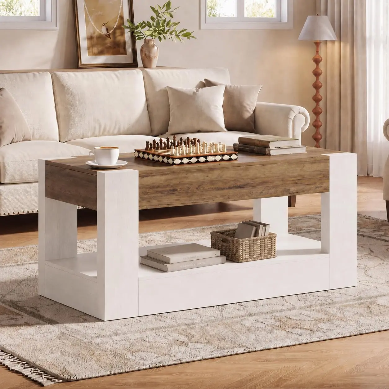 Aoxun 47" Width Rectangular Farmhouse Coffee Table - White Modern Farmhouse Furniture, Thick-Panel Design, 2 Hidden Dual-Side Access Drawers, Open Lower Storage for Living Rooms, Rectangular Farmhouse Table