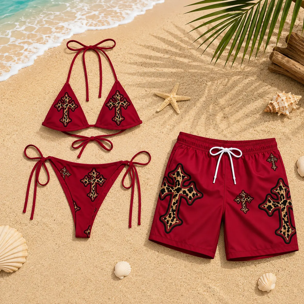 Summer Cross Matching Red Couple Swimsuit Set – Gothic Bikini & Men’s Sports Mesh Shorts, Beach Party Vacation Outfit