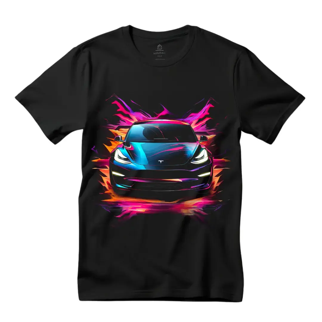 Black Threadz Men's Short-Sleeve Round Neck Tesla Model 3 Car Print T-Shirt - Casual Streetwear Top for Celebrating Electric Innovation
