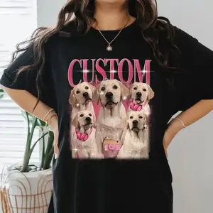 Custom Retro 90s Dog Bootleg T-Shirt, Personalized Pet Photo & Portrait Top, Women Short Sleeve Casual graphic Tee for Outdoor & Daily Wear