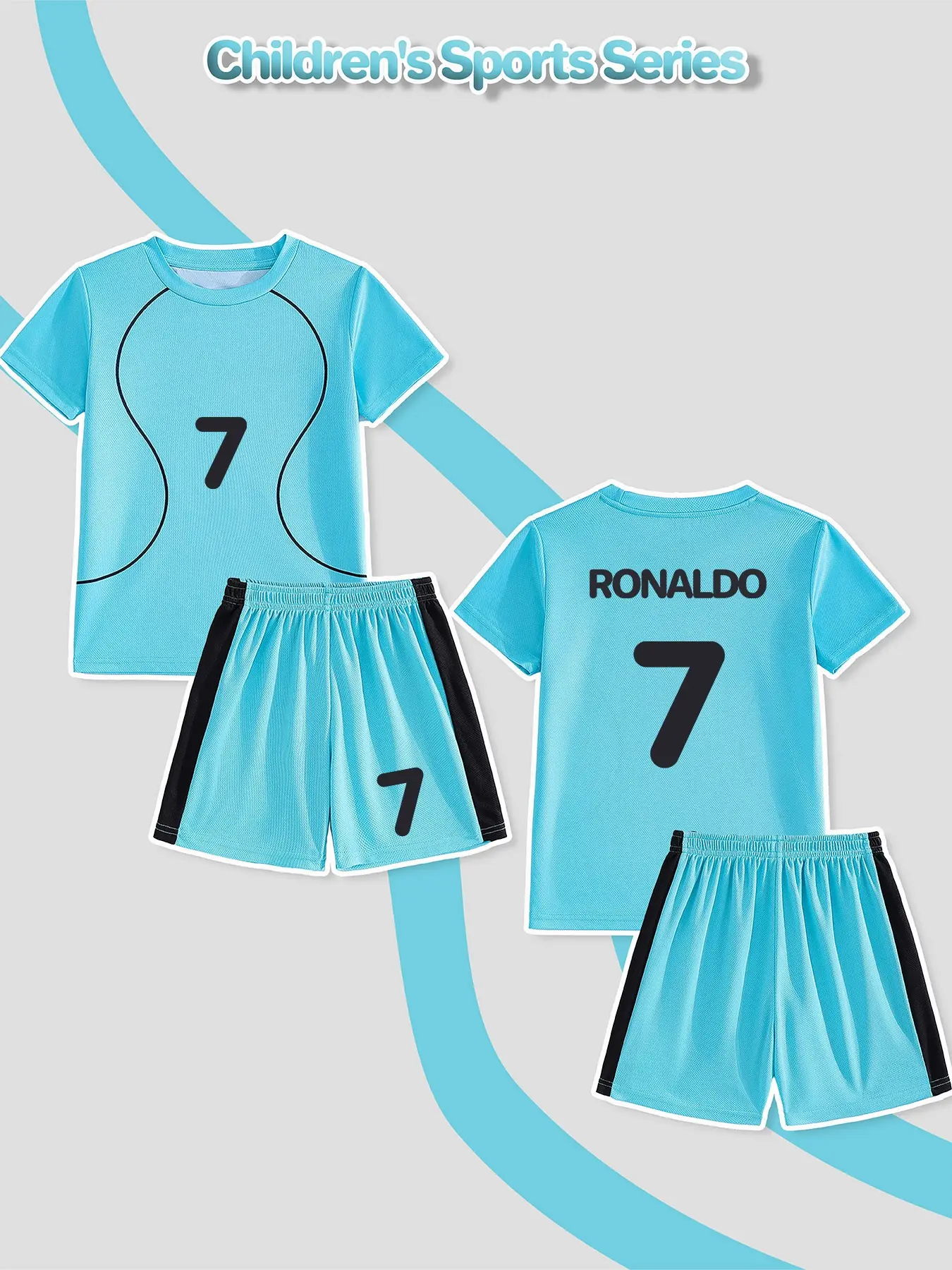 Football Suit Two-Piece Set Name Ronaldo Number 7, Breathable Quick-Dry Youth Sports Jersey Shorts Set, 6-12 Years Boys Football Uniform, Sports Clothing Set, Sports Clothes