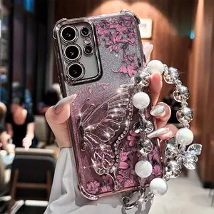 Quicksand Butterfly Bracket For Samsung S24Ultra Mobile Phone Case Fe Four-corner Anti-fall GalaxyS23plus Flower With Bracelet S22 Glitter Protective Cover For Girls New S25/S25U Mobile Phone Case Cellphone Protector Floral Protection Smartphone Casing