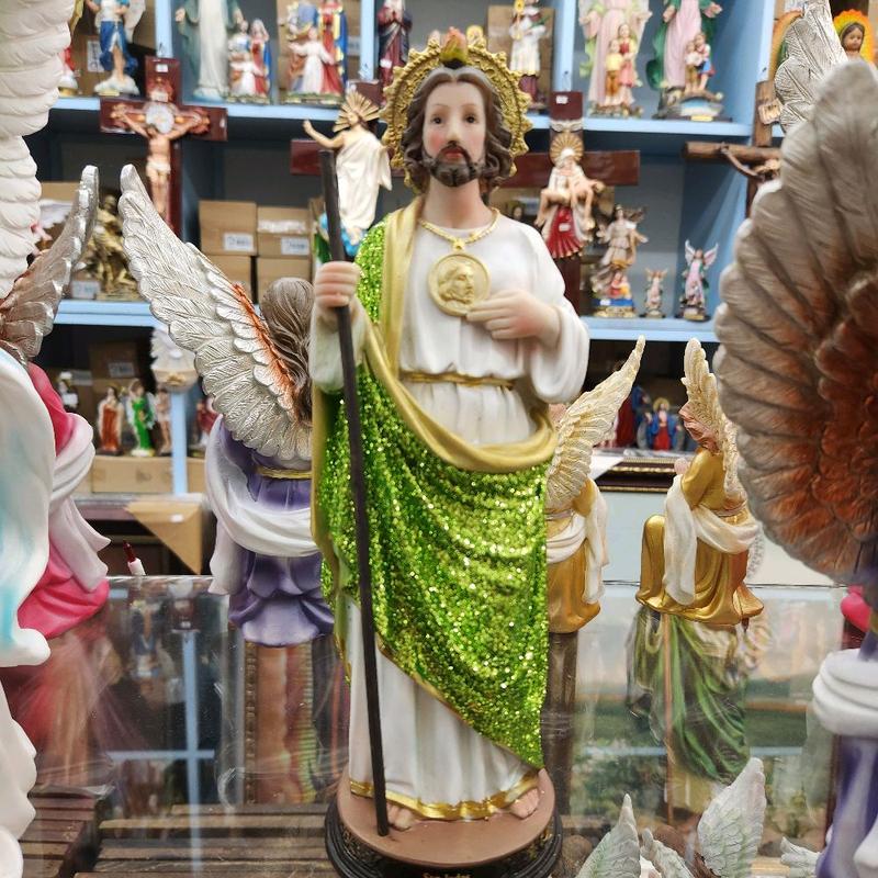 San Judas 12" Estatua con Brillo - Detailed Figure with Green Sparkling Robe and Gold Accents St Jude Religious Decor Tadeo