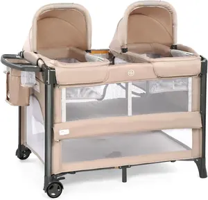 JOYMOR Twin Bassinet for Baby, Bedside Bassinet, Convertible to Bedside Sleeper & Playpen Foldable Portable Sleeping Cot with Wheels & Brake