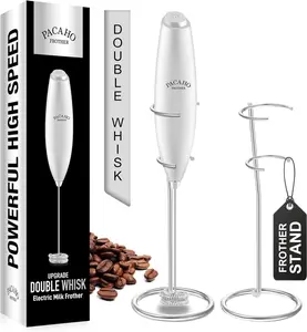 Portable Electric Milk Frother with Stand and Double Whisk, Handheld Foam Maker & Mixer for Coffee, Latte, Cappuccino, Powerful Household Wand Mixer