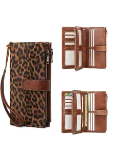 Ladies' long wallet with RFID anti-theft brush for storing bills and coins, cash organizer, ladies' wallet with zipper closure, perfect gift choice for daily use, casual style, Leopard Pattern Wallet