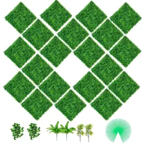 Faux Boxwood Artificial Hedge Wall Panels, 20 PCS 20x20 in PE Decorative Privacy Hedge Screen with Grass Backdrop (1.6 sq ft) for Outdoor/Indoor Decoration, Tools & Hardware Ornaments