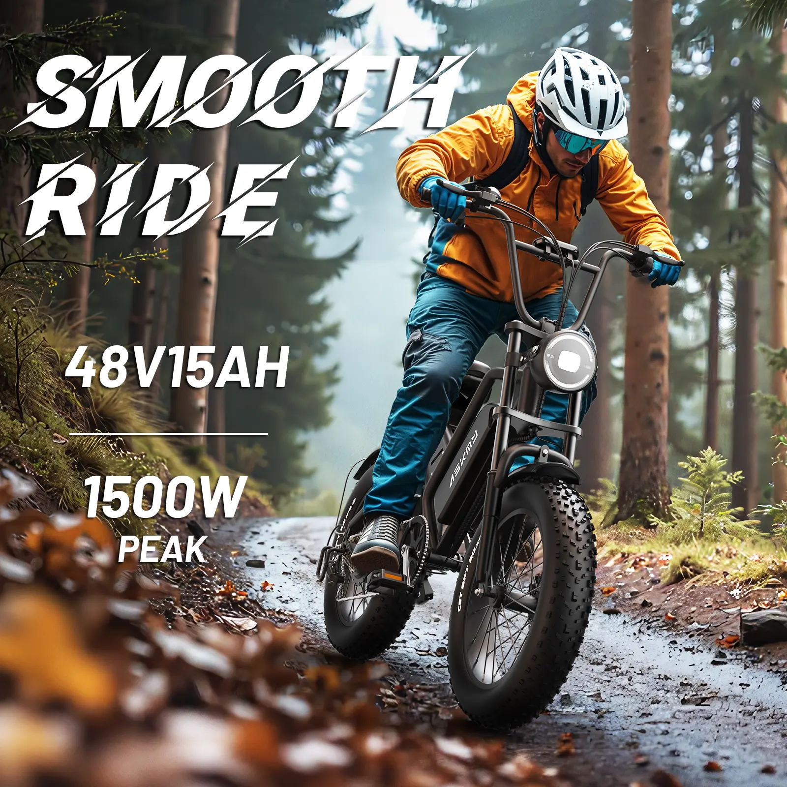 【ASKMY】Fat Tire Electric Bike | 1500W Peak Motor | High-Carbon Steel Frame | Full Suspension | Up to 35 MPH | 48V 15Ah Battery | 40–70 Miles Range | 20" × 4.0" All-Terrain Fat Tires | For City Commuting, Country Trails & Light Off-Road Riding