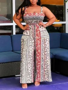 Plus Size Printed Strappy Jumpsuit for Women – Flattering Waist Design, Loose Wide-Leg Fit, Perfect for a Vacation Look! Stretchy Womenswear