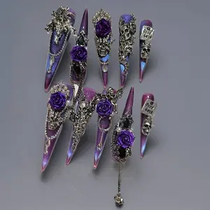 [Purple Ghost Face]Diamonds Sparkle Gold-Plated Double-Layer Embossed Cat-Eye Gradient Advanced Handmade Press on Nails Nail Art Sassy Stunning Elegant Luxurious Iridescent Glitter Butterfly fake nails nail stickers nail charms