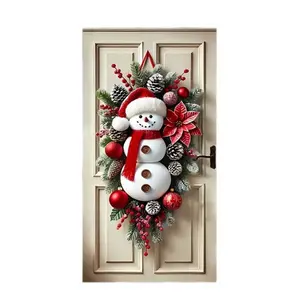 Festive Santa Claus Christmas Door Cover for Front Door Multi-Color Snowman Decorative Wrap with Ornaments and Snowflakes 90x180cm