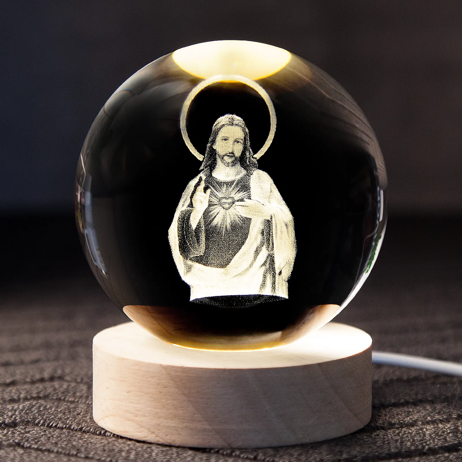 K9 Crystal 3D Jesus Night Light, Small Size Laser Engraved Sacred Heart of Jesus Globe Lamp with Wooden Base, USB-Powered Christian Religious Home Decor, Ideal Gift for Baptism, Easter