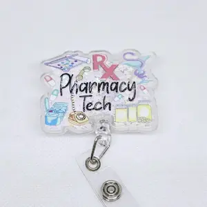 Pharmacy Tech Glitter Confetti Shaker Acrylic Retractable Badge ID Reel Belt or Alligator Clip id badge great gift Cute retractable clip