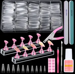 600PCS Clear Coffin Nail Tips Set Qinzave Clear Acrylic Nail Tips with Nail Glue Coffin Nails Full Cover with Nail Display Stand, Cuticle Nail Pusher Remover, Nail Files Buffer