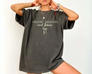 Comfort Colors Chasing Jesus and Toddlers T-shirt – Coquette Christian Teacher Tee, Aesthetic Faith Bow Shirt, Christian Mom Gift