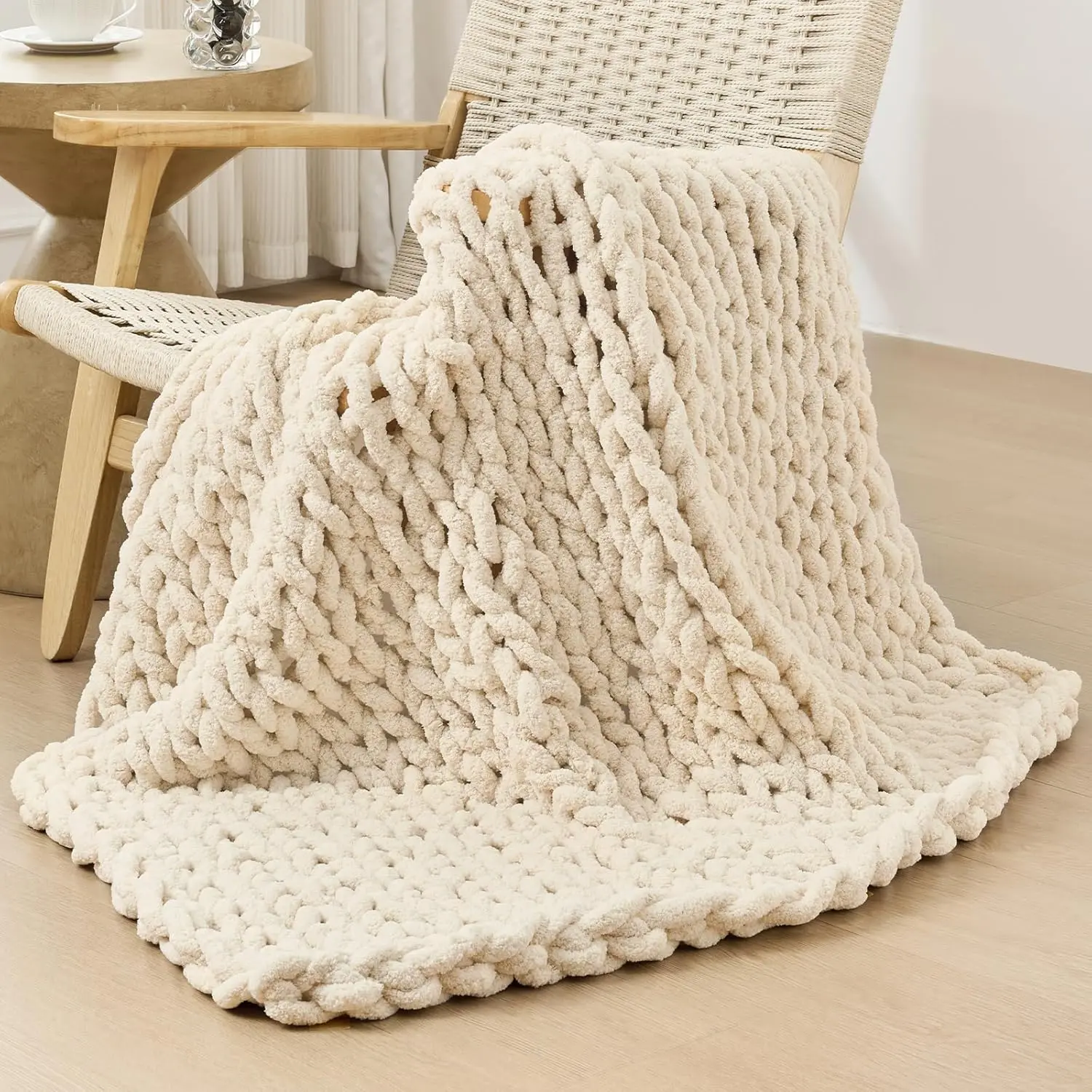 Chunky Knit Throw Blanket for Couch, 40x40 inches, 100% Hand Knitted with Thick Jumbo Chenille Yarn, Cozy Soft Large Rope Knot Cable Crochet Blankets for Sofa Bed Living Room, Beige