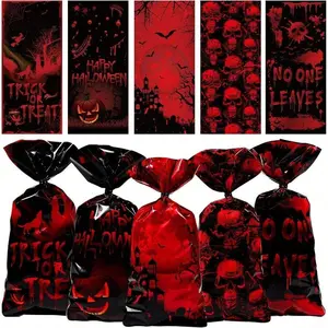 D150 Pcs Halloween Cellophane Bags Halloween Candy Treat Bag Pumpkin Handprint Skull Spider Web Patterned Plastic Wrap Gift Bag For Splatter Party Favors Plies Skull Style10