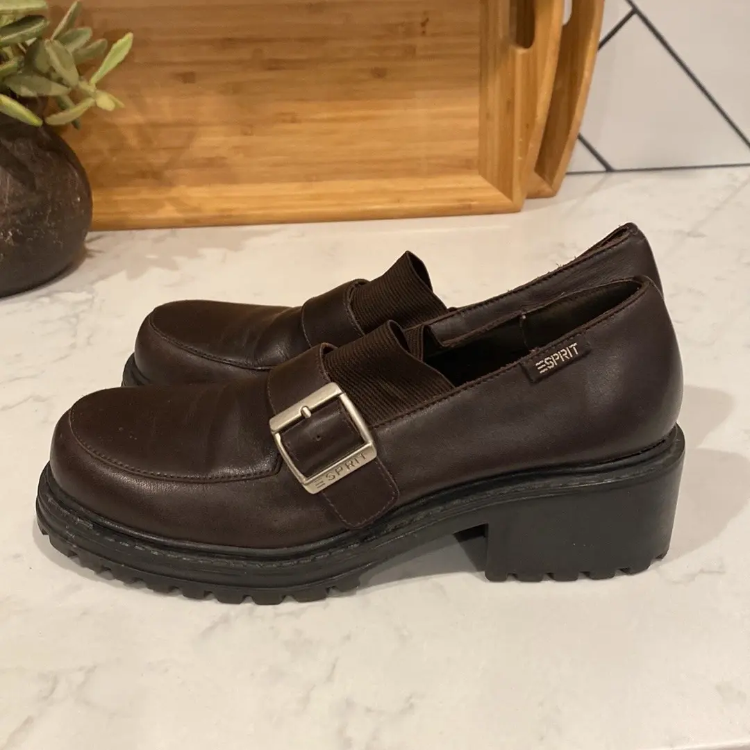 Vintage 90sY2K Esprit Delancy loafer Brown Leather Platforms silver accents