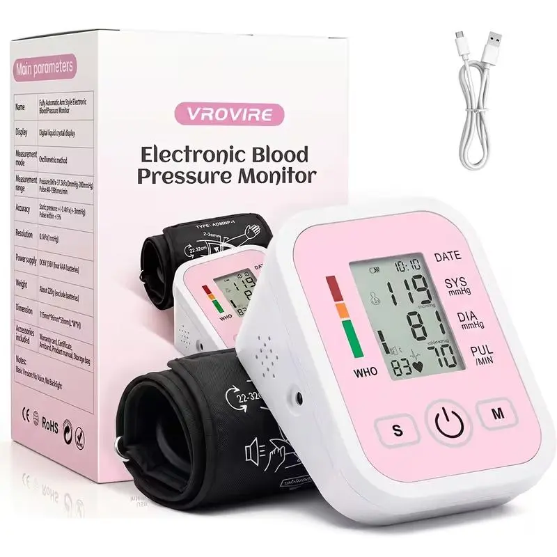 Rechargeable Upper Arm Blood Pressure Monitor,blood pressure monitor with voice prompts and data storage; wearable device; smart health device; accurate at-home blood pressure monitoring