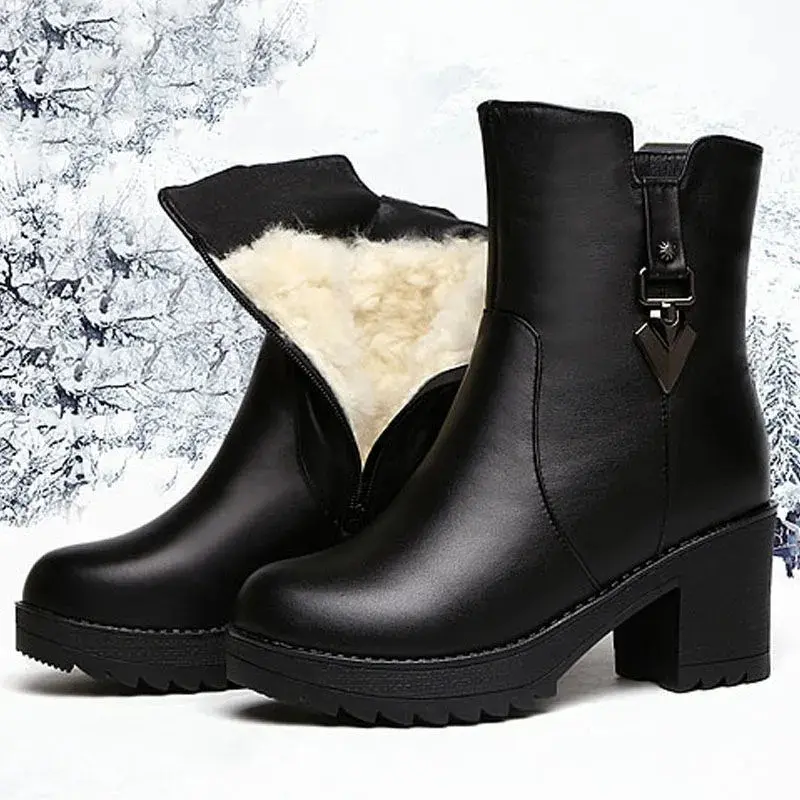 Women's Leather Winter Ankle Boots - Fleece Lined, Plain Round Toe, Block Heel, Non-Slip Thick Sole, Side Zipper, Footwear Shoe for Cold Weather