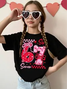 Tween Girls' Versatile Casual Fashion Creative Personalized Fresh Floral Bow Number 67 Letter Slogan Graphic Print Short Sleeve T-Shirt, Comfortable Cozy Summer And Fall Styles Suitable For Tween Girls' Daily Wear winter outwear girly tops