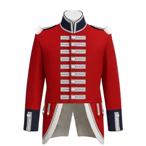 Men's British Redcoat Regiment Jacket - 18th Century Military Tailcoat Revolutionary War Uniform with White Buttons & Navy Blue Accents