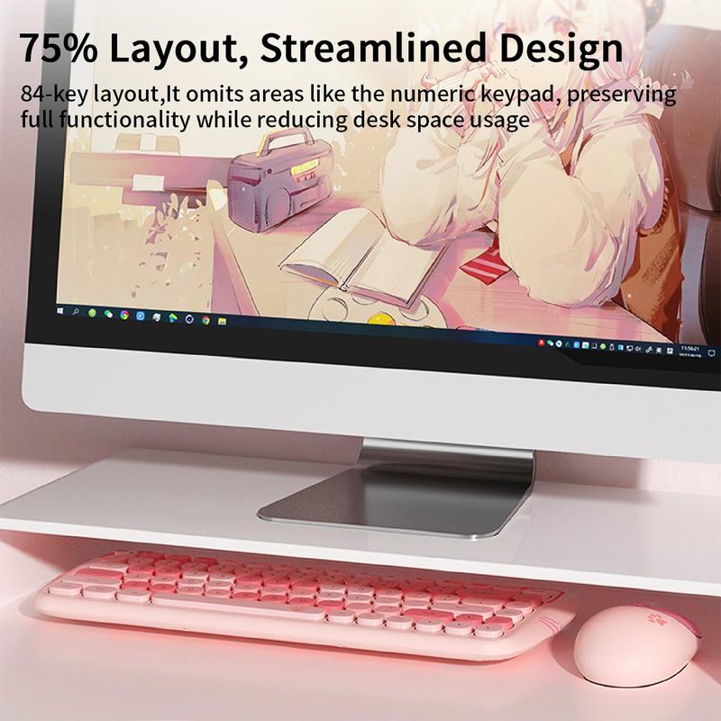 Mofii Pink Cat Keyboard and Mouse Combo, 2.4G Wireless Connection, Cute Aesthetic, Silent Office Use, Compact 2-Zone Keyboard, Universal for Desktops & Laptops, US QWERTY Layout (Batteries Not Included)