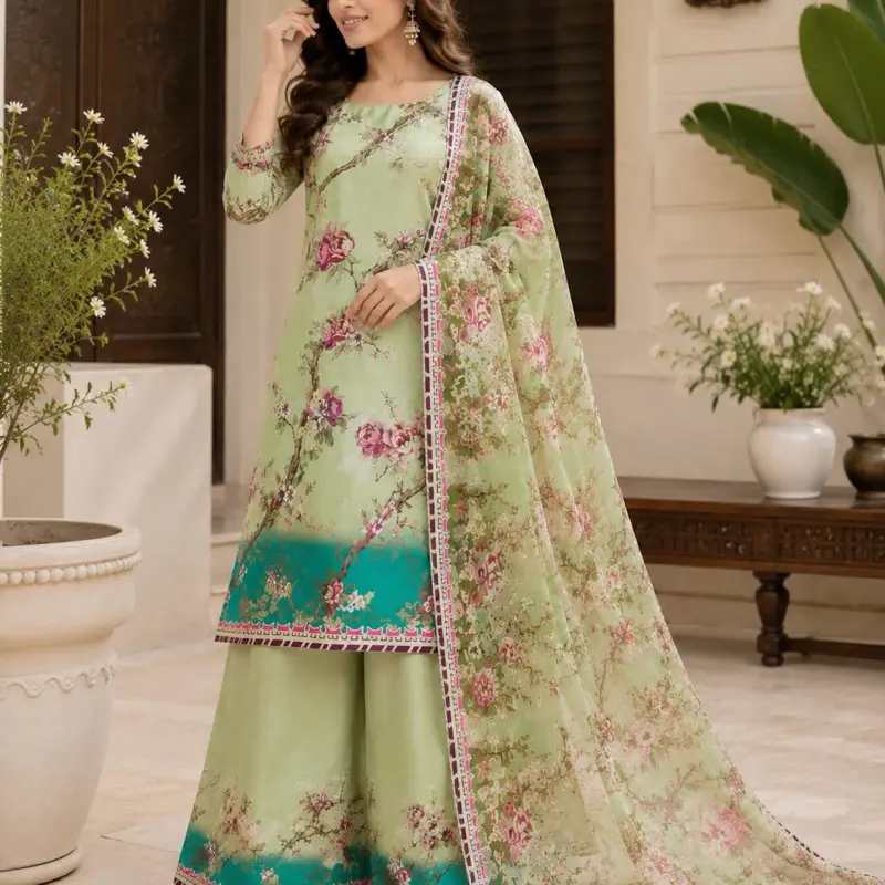 Classic Viscose Satin with exquisite digital print 3-Piece Salwar Suit - Designer Tunic with Glamorous Sleeves, Intricately Embroidered Plazo Salwar for Elegant Occasions
