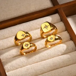 RING4U - Stainless Steel Sunshine Signet Pinky Ring, Cubic Zirconia Inlay Ring Gold Plated, Non-Tarnish Fashion Jewelry