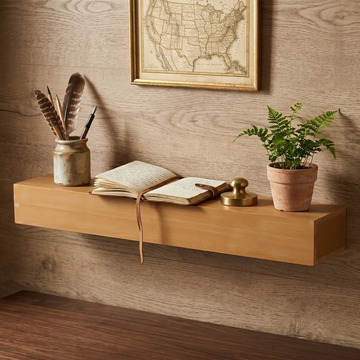 48*9*6 Inch Light Brown Solid Fir Wood Floating Fireplace Mantel Shelf, 50 Lbs Heavy‑Duty Wall‑Mounted Decor Shelf with Invisible Bracket & Water‑Based Coating for Home Living Room Kitchen