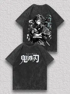 valentine shirts Men's Distressed Reversible T-Shirt - Demon Slayer Muichiro Tokito Ink Wash Style Print, Niche Vintage Street Unique Casual Top