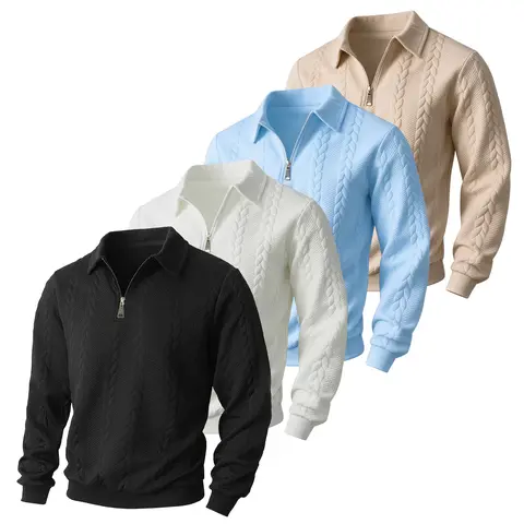 Men's Fitted Solid Ribbed Knit Half-Zip Longsleeve Sweater - Textured V-Neck, Ribbed Cuffs & Hem, Soft Comfort for Daily Wear & Work | Menswear Male Clothing Business-Casual Top