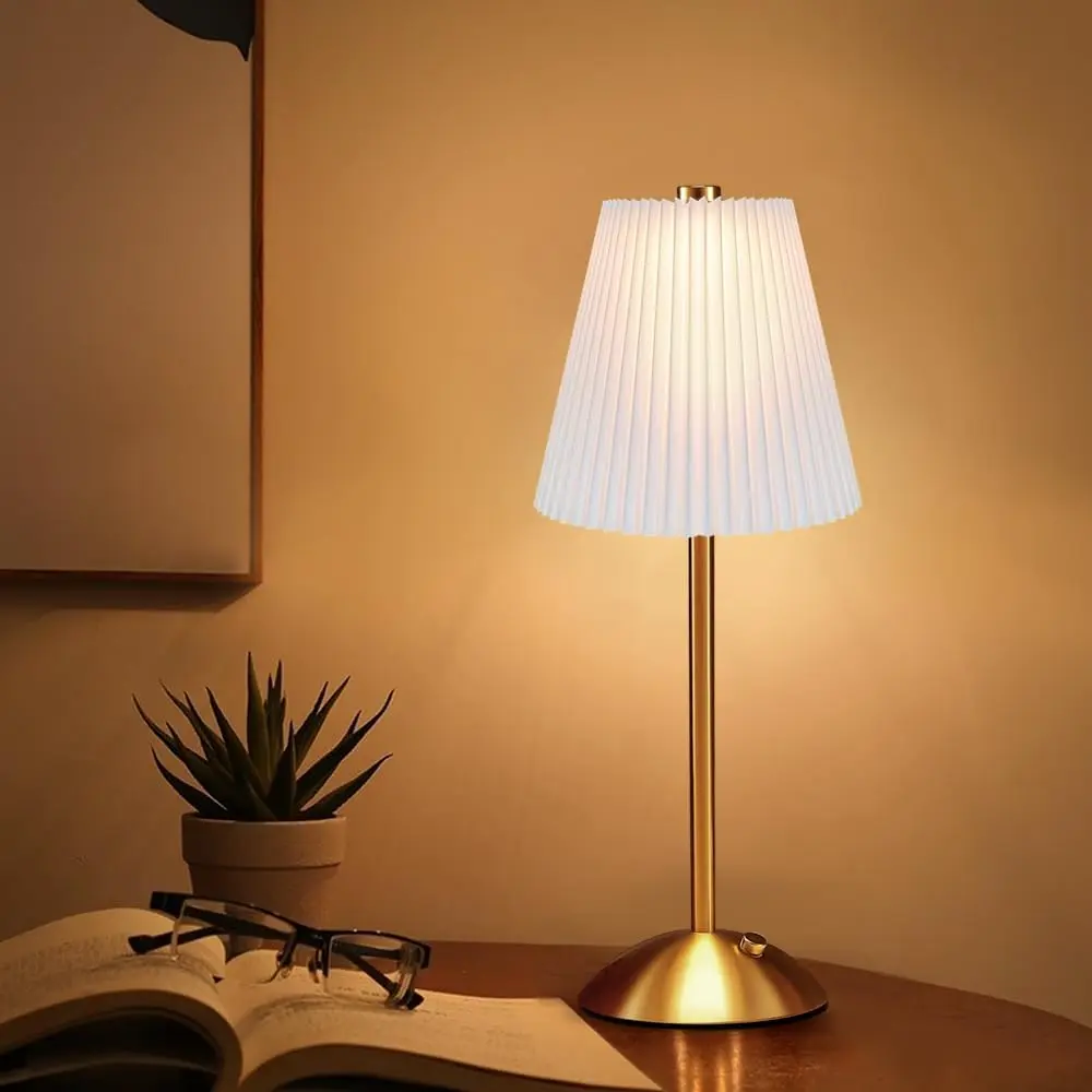 Cordless Rechargeable Table Lamp, Antique Brass Touch Light with Beige Fabric Shade, 3 Color Modes Decor Lamp for Bedroom Living Room Kitchen Office Nursery Dorms