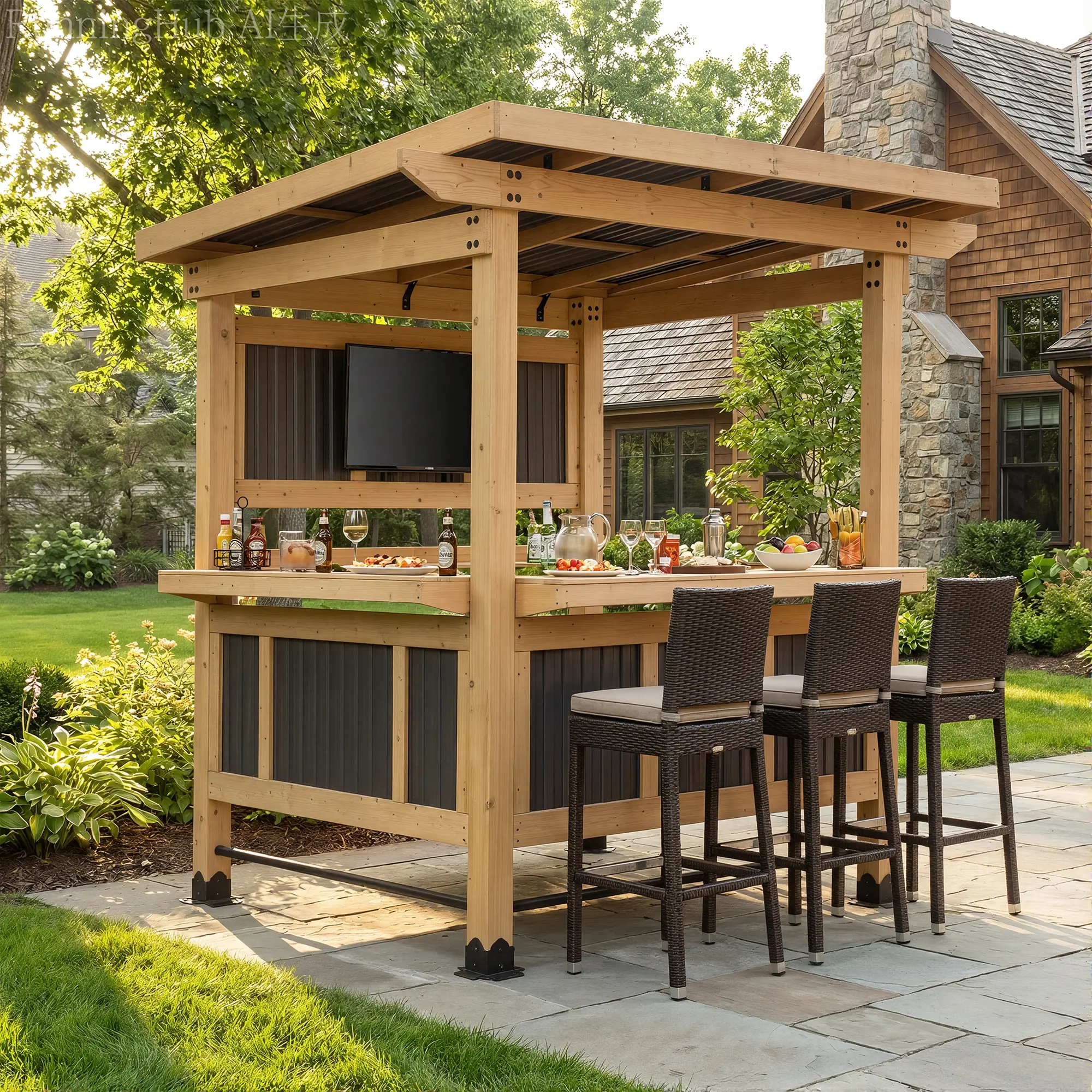 FUFU&GAGA Outdoor Wooden Bar Pavilion with Built‑in TV Bracket, Heavy‑Duty Cedar Gazebo with Drink Storage Shelf & Weather‑Resistant Roof for Patio Parties