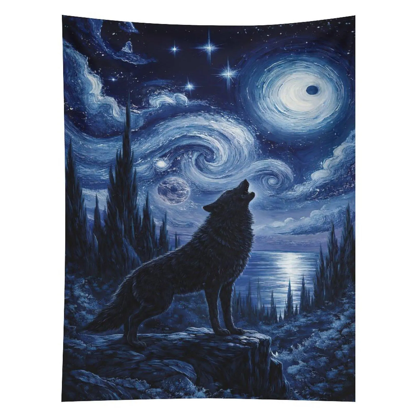 Howling Wolf Starry Night Tapestry Galaxy Moon Ocean Wall Hanging Decor