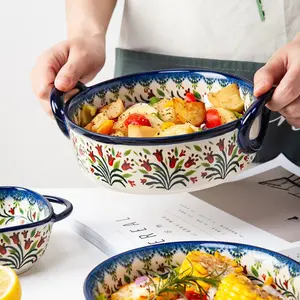 Bohemian Style Ceramic Baking Dish Set, Handled Bowls, Oven Safe, Microwave & Dishwasher Friendly, Perfect New Year Gift