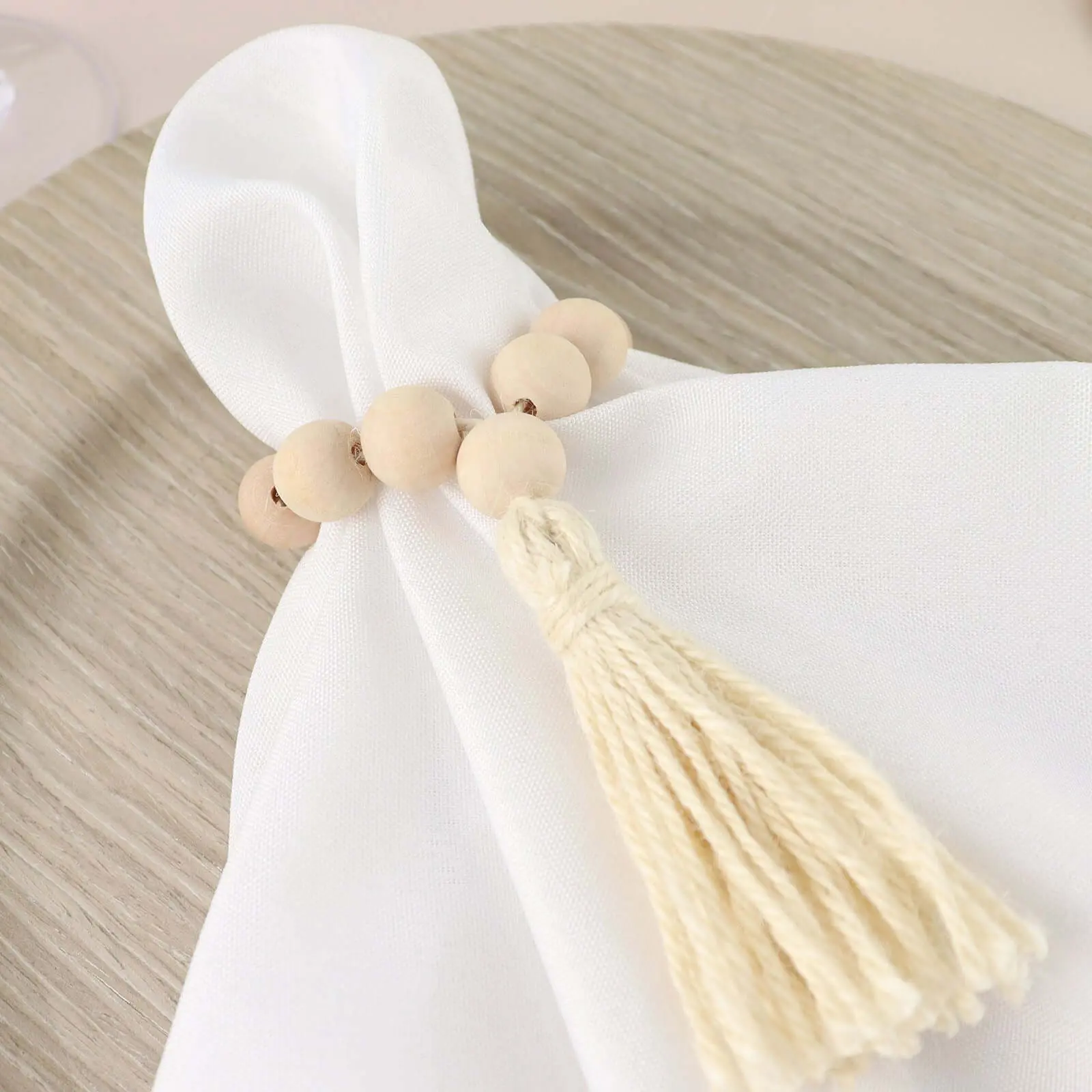 4 Pack Cream Farmhouse Country Wood Bead Napkin Rings With Tassels, Rustic Boho Chic Napkin Holders 6"